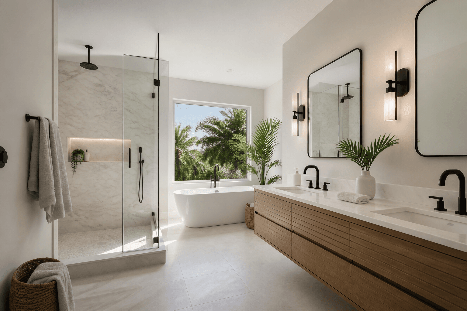 A coastal bathroom with a floating wood vanity, soaking tub, and walk-in shower.