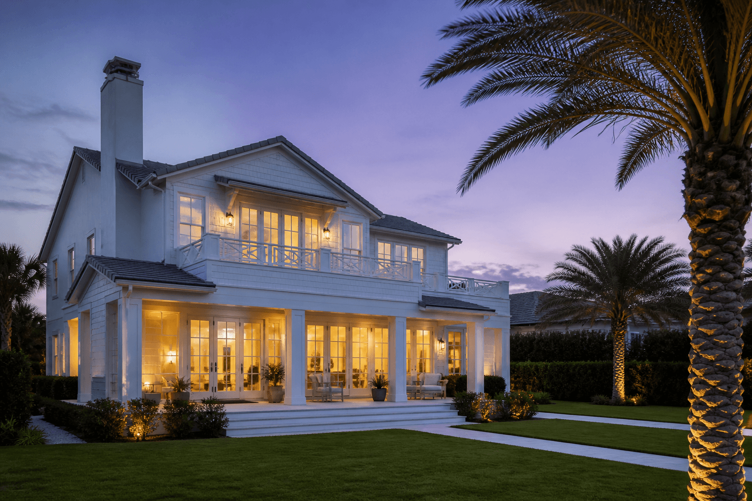 A two-story coastal Florida home at dusk with palms and warm interior light.