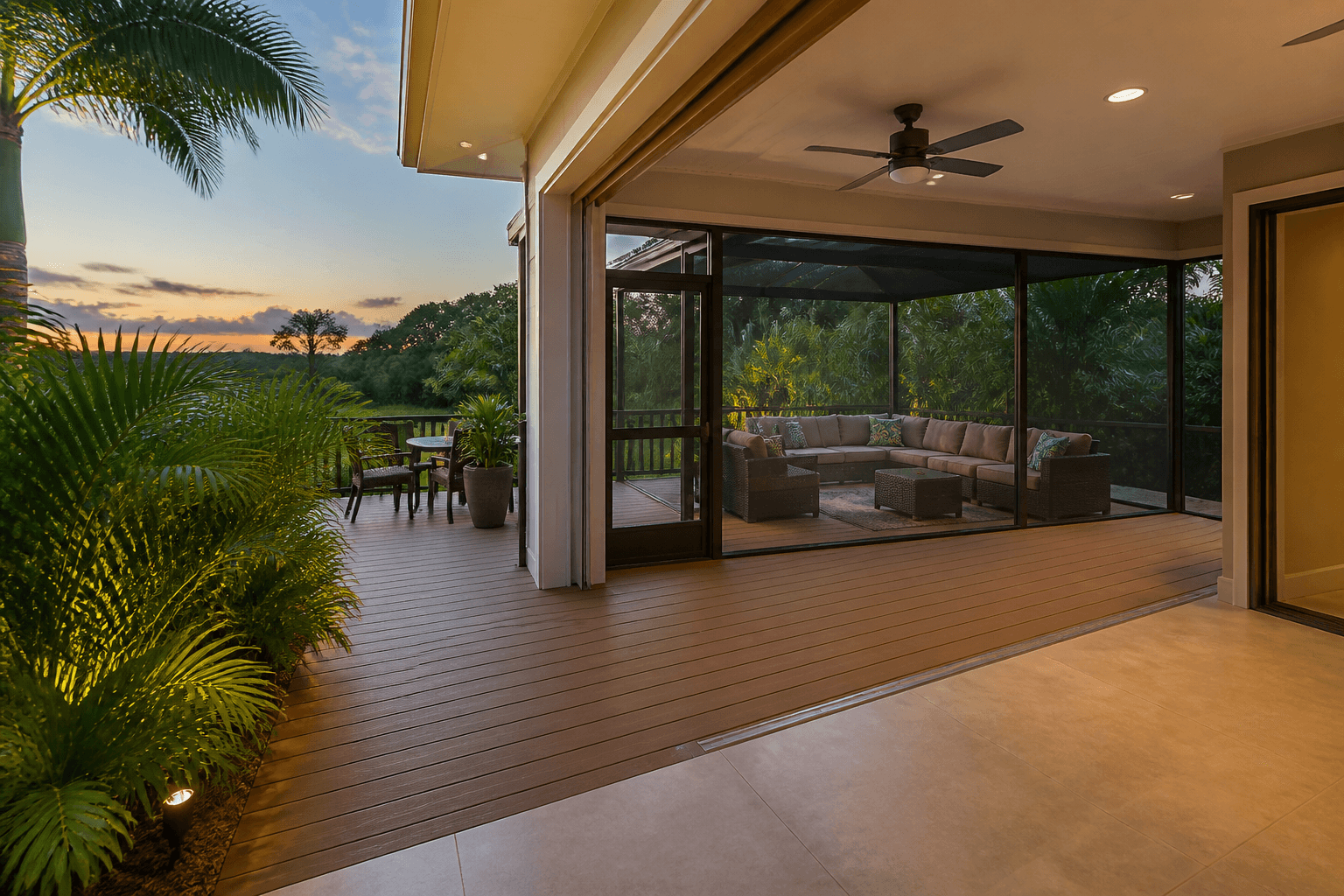 A composite deck and screened lanai at dusk with outdoor dining and palms.