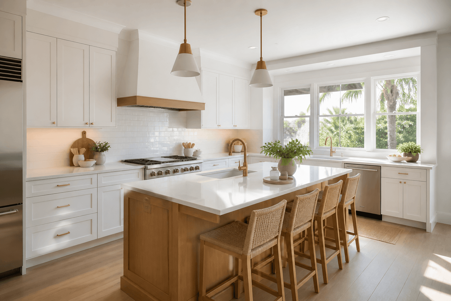 A bright coastal kitchen with a wood island, white cabinetry, and gold hardware.