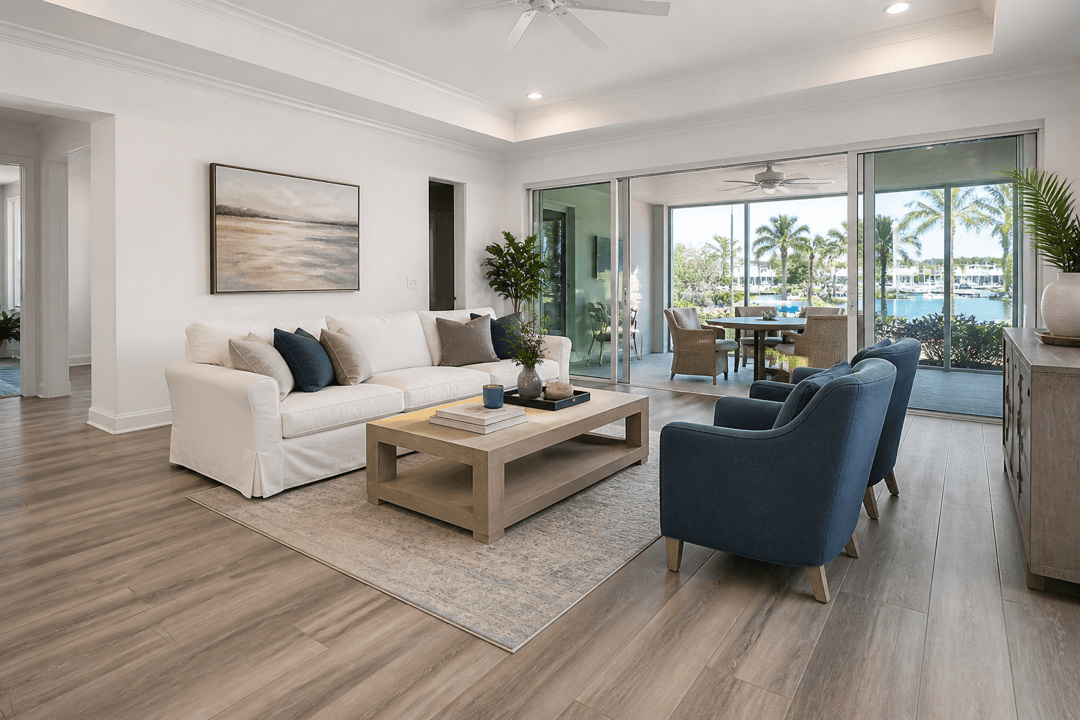 A living room with light LVP flooring opening to a screened lanai and water view.